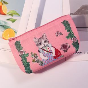 日式卡通猫咪化妆包可爱风粉色拉链包双层纯棉化妆品收纳洗漱品