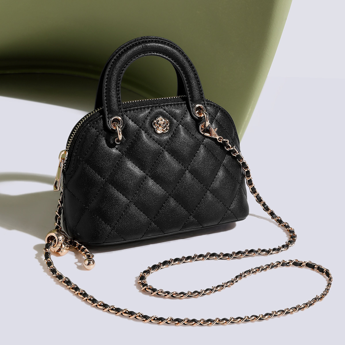 稻草人包包女士菱格链条贝壳包黑色真皮手提包百搭通勤单肩斜挎包