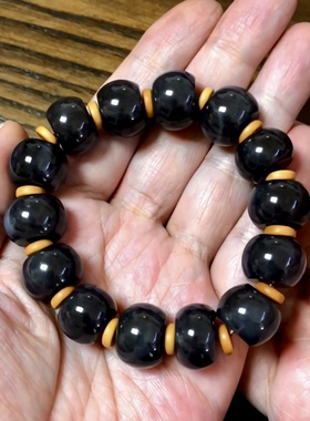 老石头和田玉墨玉籽料手链青花籽玉手串桶珠勒子转运珠手钏79.3克