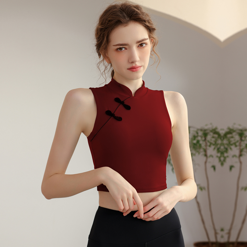2025新款瑜伽服女国风盘扣背心带胸垫防震健身文胸跑步普拉提运动