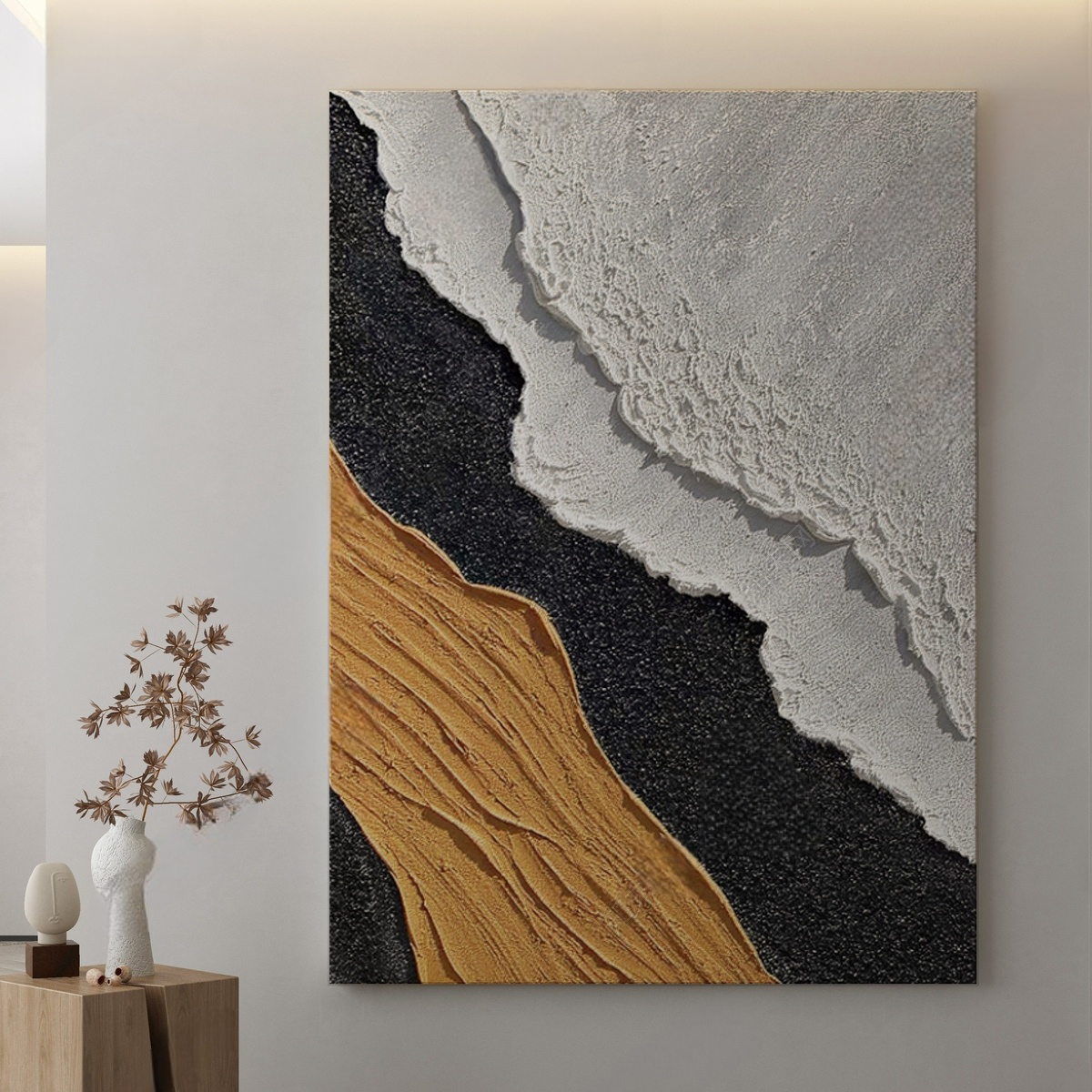 高级感大气手绘油画立体浮雕砂岩装饰画客厅玄关会议室壁画沙滩画图片
