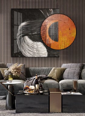 现代轻奢个性抽象装饰画高级灰黑白仿油画壁画方形圆形组合墙挂画