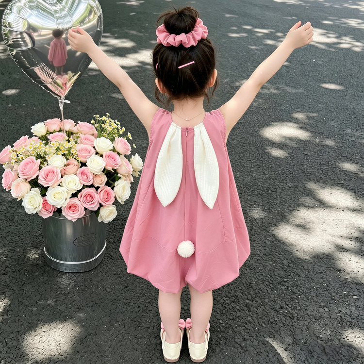 女童夏季连衣裙2026新款女宝宝花苞公主裙夏款儿童兔耳朵背心裙