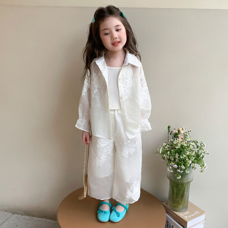 女童防晒衣套装2026新款夏季儿童洋气时髦背心衬衫上衣夏装三件套