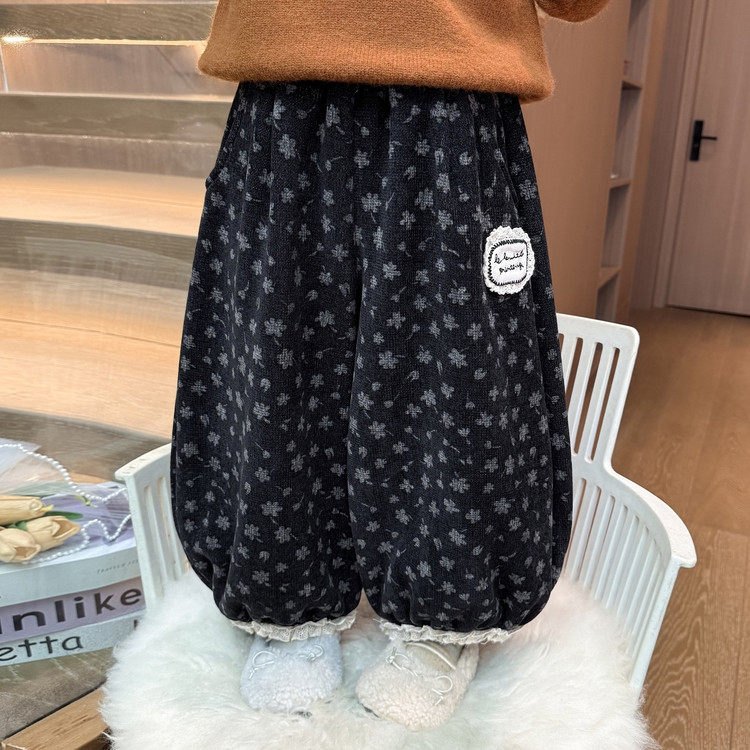 女童裤子加绒宝宝韩系洋气秋冬季新款时尚灯笼裤加厚碎花休闲长裤