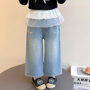 女童牛仔阔腿裤春秋新款裙摆蕾丝花边裤子直筒裤洋气儿童休闲长裤