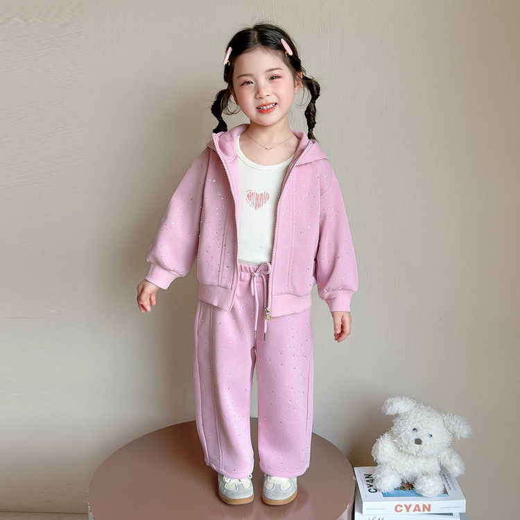 女童春秋款烫钻连帽外套弯刀裤套装2026新款运动开衫卫裤两件套潮