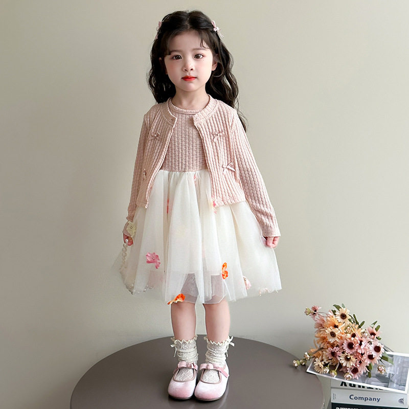 女童秋冬装网纱毛衣开衫裙子套装2025新款小女孩花朵公主裙两件套