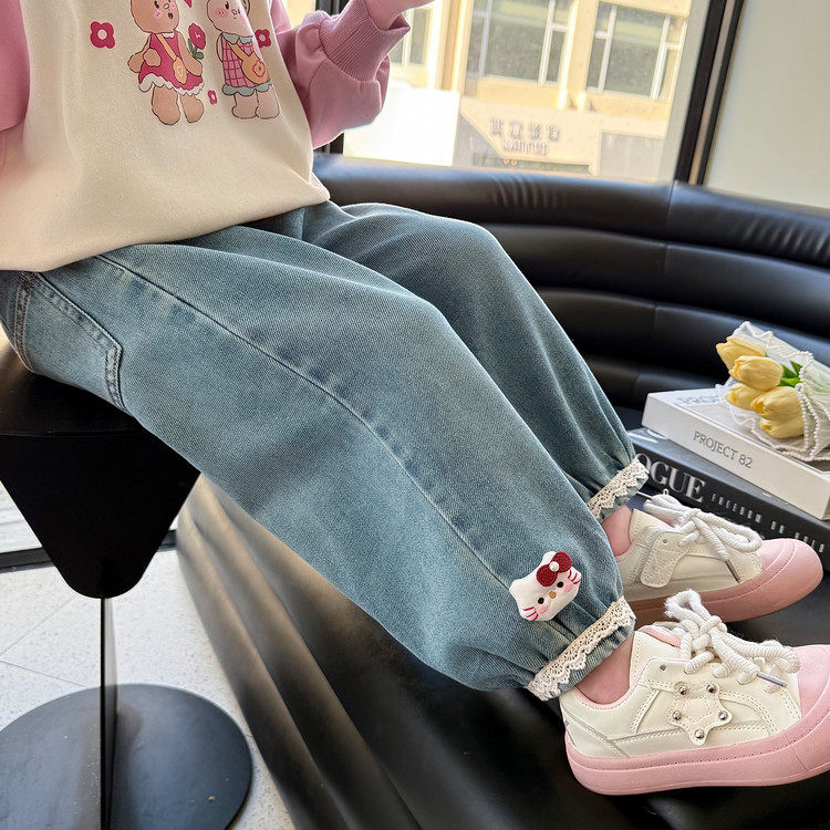 女童牛仔裤春秋款2026新款儿童春季女宝宝猫咪春装直筒裤休闲裤子