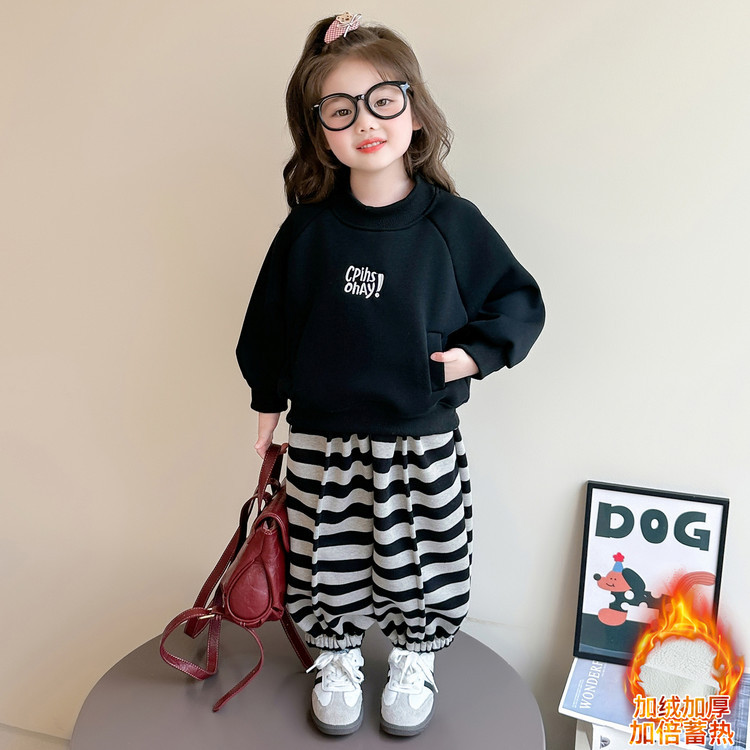 儿童加绒套装秋冬2025新款女童连帽一体绒加厚卫衣卫裤两件套深秋