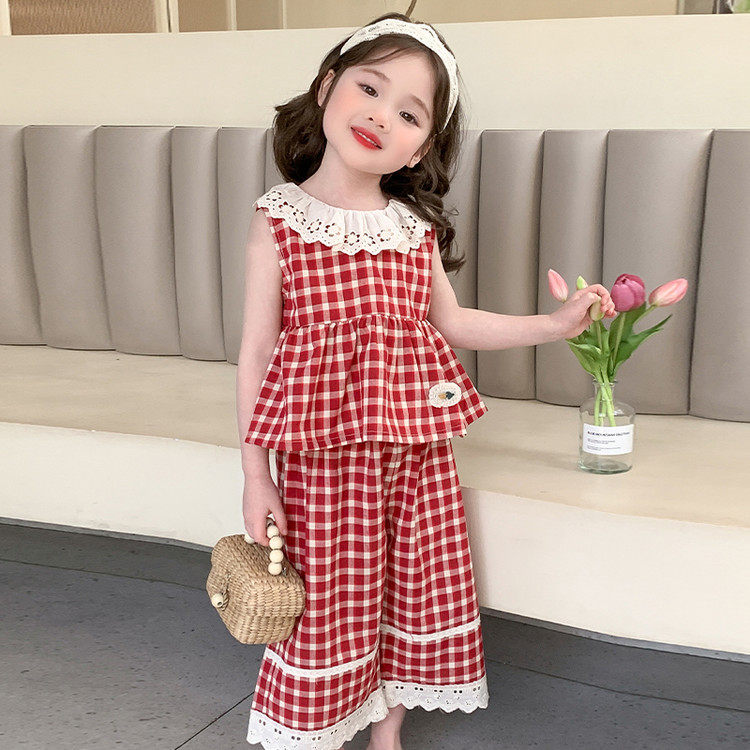 女童夏装套装2026新款女宝宝洋气飞袖娃娃衫阔腿裤花边薄款两件套