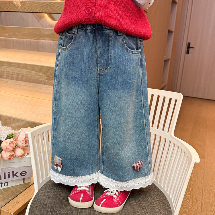 女童花边牛仔裤秋装2026新款儿童秋季宽松阔腿裤子洋气女孩直筒裤