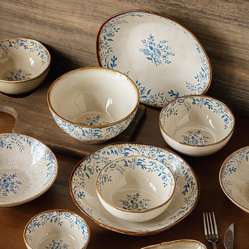 巷子尾〖蓝芙蓉系列〗不规则餐具陶瓷碗碟盘子家用菜盘复古风碗盘,餐饮具,碗,淘宝优惠券,粉丝福利购,淘宝优惠卷