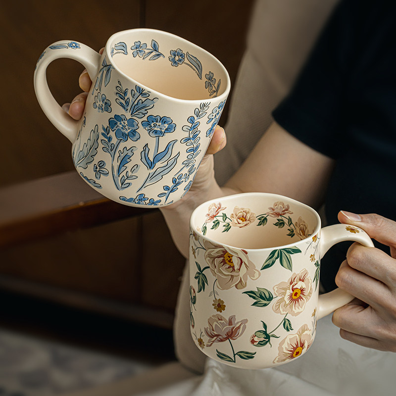 巷子尾〖情侣杯子〗复古花卉咖啡杯陶瓷水杯家用女士高颜值马克杯
