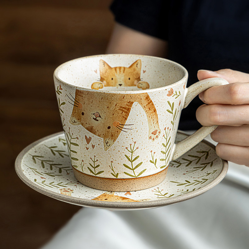 巷子尾〖原创设计〗招手猫粗陶杯碟可爱马克杯咖啡杯女士个人专用