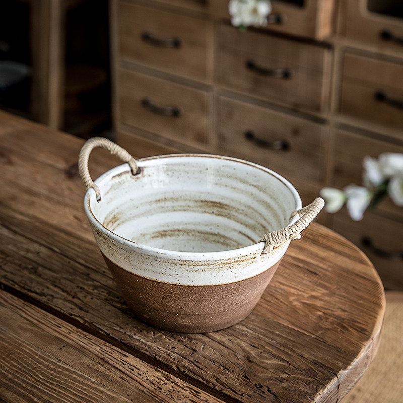 巷子尾【vintage麻绳粗陶深碗】带提手双耳汤碗复古高碗陶瓷餐具