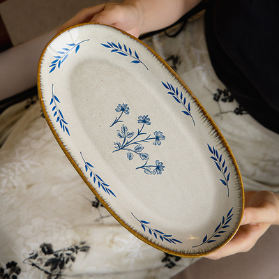 中古风12英寸陶瓷鱼盘椭圆蒸鱼盘