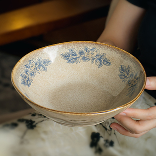 巷子尾〖小青花荷叶碗〗7.5英寸斗笠面碗陶瓷沙拉碗餐厅复古菜碗