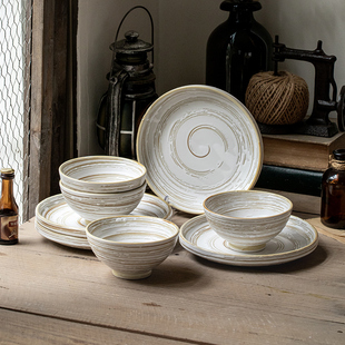 巷子尾〖旧时光8件套餐具〗做旧浮雕陶瓷饭碗盘子 复古碗碟套装