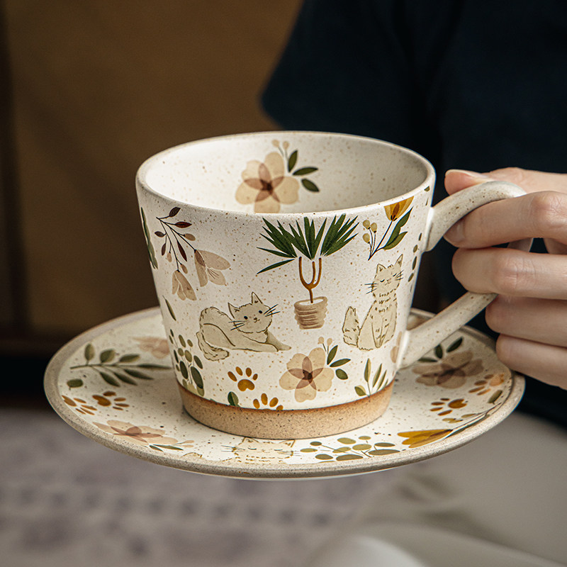 巷子尾〖可爱小猫杯子〗高颜值粗陶杯碟创意马克杯咖啡杯生日礼物图片
