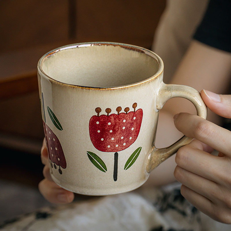 巷子尾〖一眼心动〗花朵复古咖啡杯陶瓷马克杯办公室漂亮喝水杯子