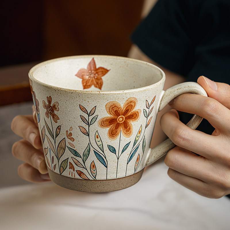 巷子尾〖暖花枝〗中式复古马克杯粗陶咖啡杯办公室水杯高颜值杯子