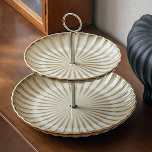 巷子尾〖花边双层果盘〗手提陶瓷水果盘下午茶点心架客厅零食托盘