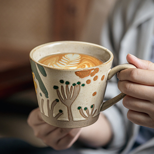 巷子尾〖手绘陶瓷杯〗漂亮蝴蝶花马克杯复古田园风咖啡杯情侣杯子