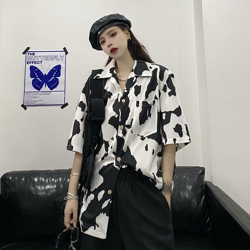實拍夏季短袖襯衣女新款寬鬆復古韓版半袖印花襯衫潮