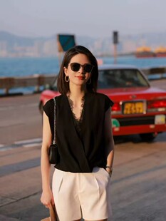 高端气质显瘦时髦通勤重磅醋酸拼接蕾丝交叉设计感女人味上衣25夏