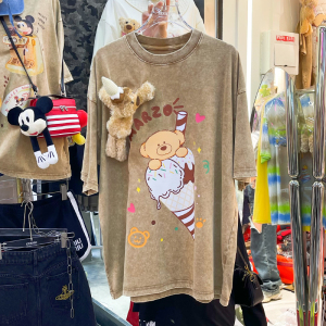 学院风立体小熊玩偶卡通印花水洗t恤女夏季设计感oversize上衣潮