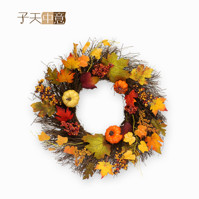 子天中意创意感恩节日门窗装饰花环挂件仿真枫叶三色南瓜藤蔓藤条
