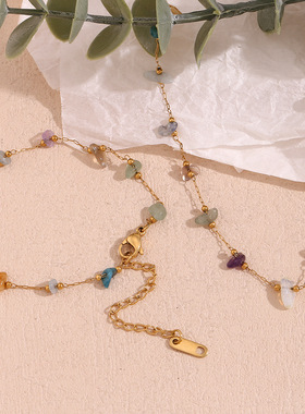 欧美时尚小众气质网红项链不锈钢镀18K金天然碎石手工链手链女