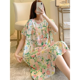 棉绸裙子新款 浪莎防凸点睡裙女夏天大码 冰感绵绸宽松家居服