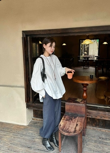 oni早秋精梳棉宽松版前短后长中长款白衬衫女简约感灯笼袖开叉