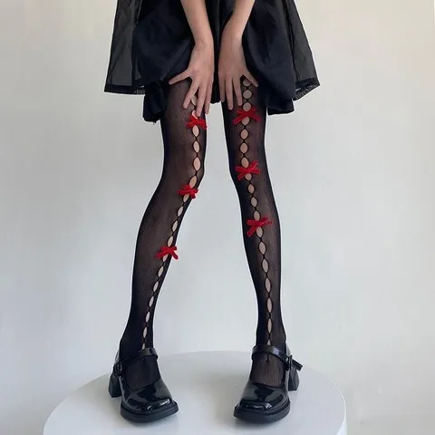 蝴蝶结镂空性感日系女连裤袜子渔网袜连裤袜洛丽塔白色网袜JK