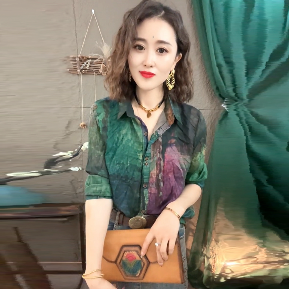 欧货春秋洋气碎花减龄长袖天丝麻褶皱宽松大码衬衫打底小衫上衣潮