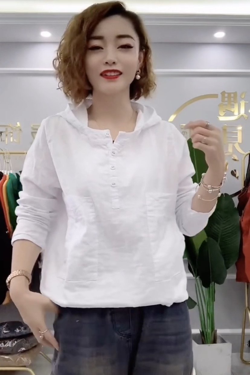2025春夏季新款长袖宽松大码纯色棉麻百搭舒适连帽T恤女帽衫上衣