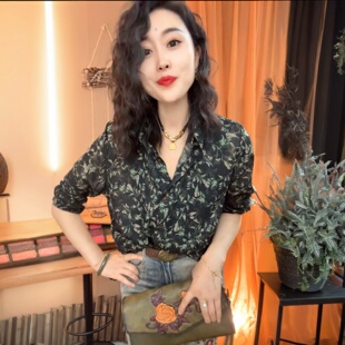 高端时尚长袖丝麻衬衫宽松遮肉衬衣洋气减龄气质大码碎花打底小衫