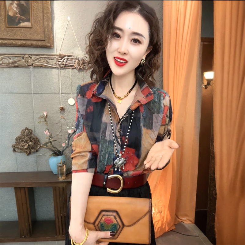 长袖丝麻褶皱衬衫欧韩