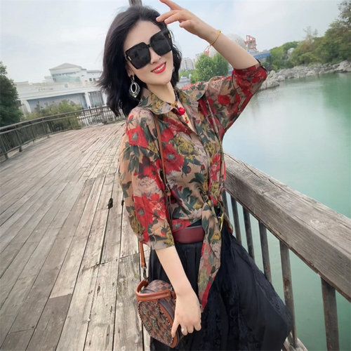 欧货时尚夏季七分袖丝麻宽松衬衫短款系带洋气防晒百搭衬衣小衫潮