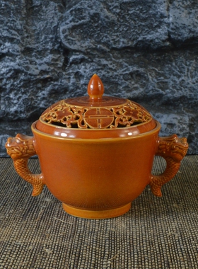 清乾隆黄釉镂空香炉摆件古董古玩