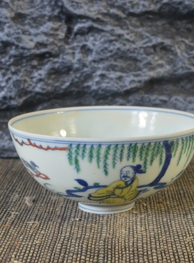 仿古瓷器 复古做旧明成化风格 斗彩人物纹瓷碗 古董古玩摆件收藏