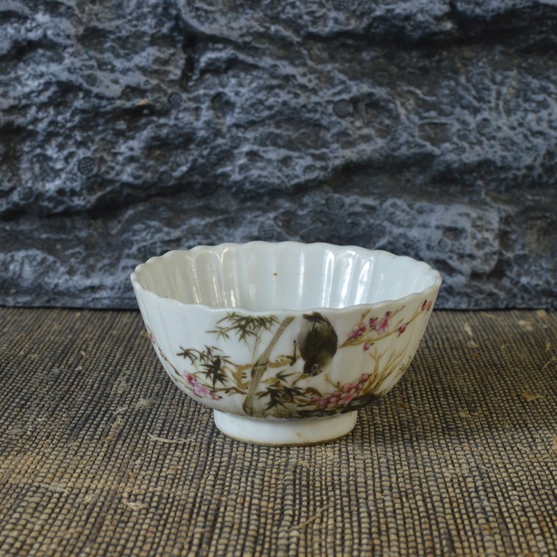 仿古瓷器 复古做旧民国风格 粉彩花鸟纹菊花杯 古董古玩摆件收藏