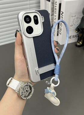 三只鱼【奢华荔枝皮纹相机壳深蓝色手提绳】适用于OPPOFindx9/8pro/8ultra手机壳新款潮牌防摔全包保护套男女