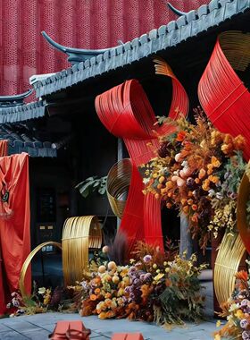 防水红色金色竹排婚庆布置装饰