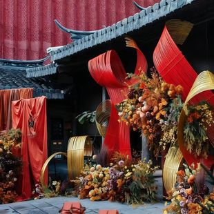 红色竹排防水红色竹编婚礼装饰园艺造型渐变竹排新年美陈金色竹排