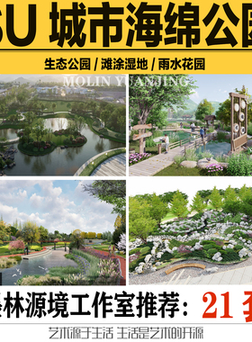 2023SU模型城市海绵公园绿地滩涂公园湿地雨水花园sketchup素材