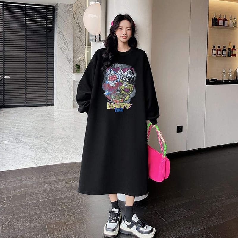 秋季胖mm大码女装2025新款加绒加厚过膝卫衣裙长袖打底衫卫衣裙子