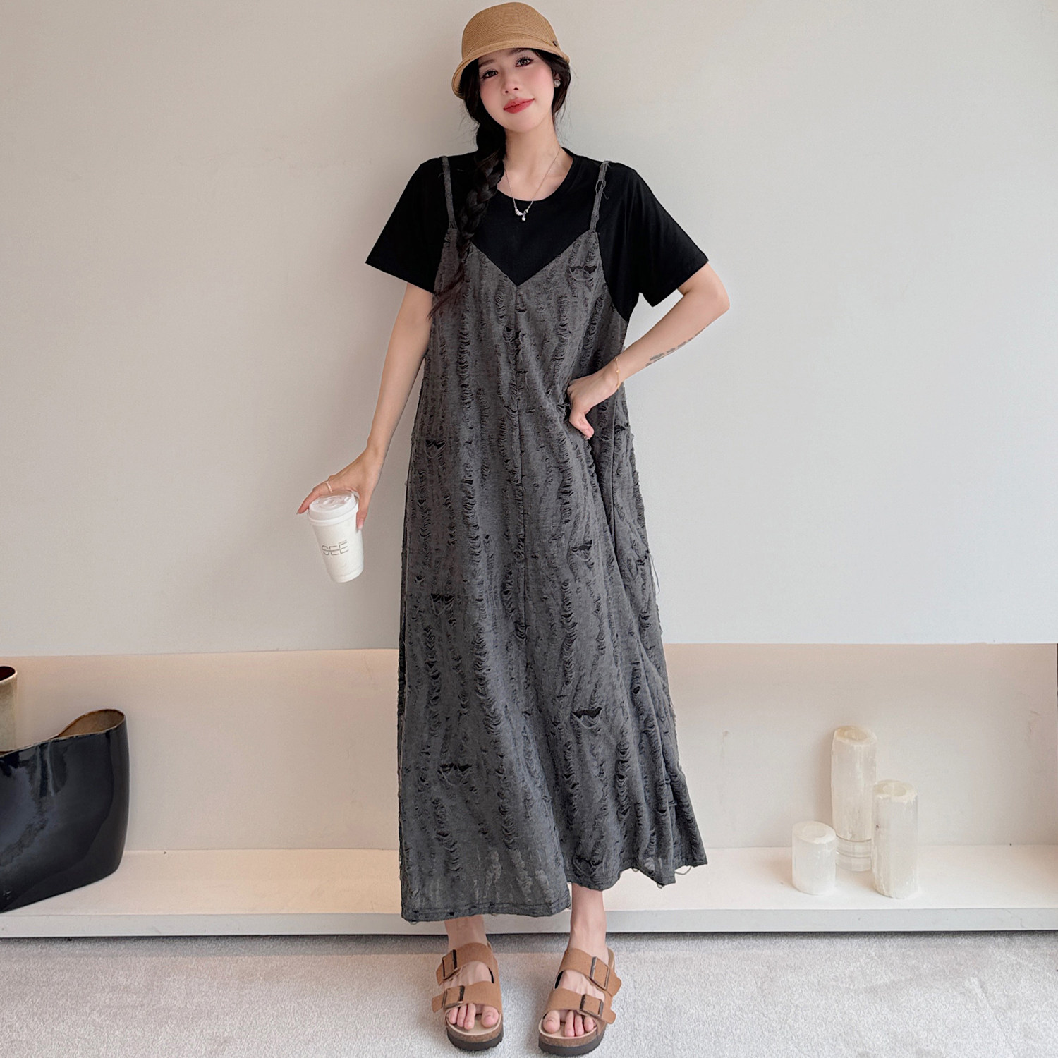 2026夏季新款胖mm宽松大码女士连衣裙 时尚印花假两件套 舒适优雅